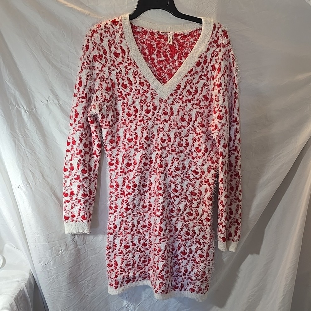 White Mark Bodycon Fuzzy Knit Sweater Dress Long Sleeve Red/white Romantic Boho